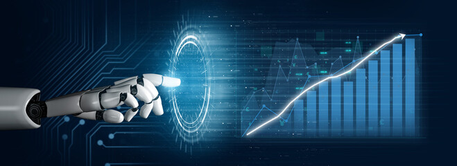 A futuristic robotic hand interacts with a digital display showcasing data visualization and growth...