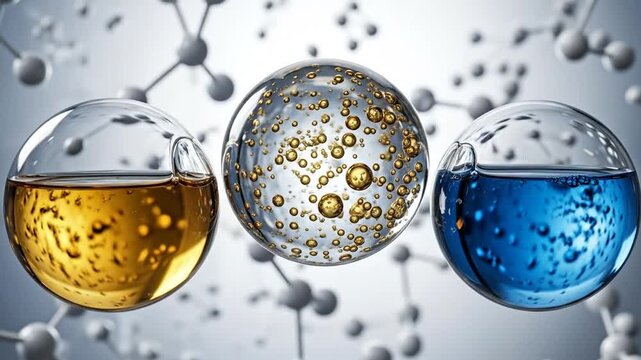 Molecular Marvels: Three spheres, each filled with a unique liquid composition, are suspended in a realm of interconnected molecules, revealing the beauty and complexity of scientific exploration.