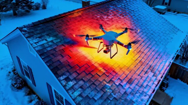Drone captures aerial thermal imagery of house roof to identify insulation issues in cool weather