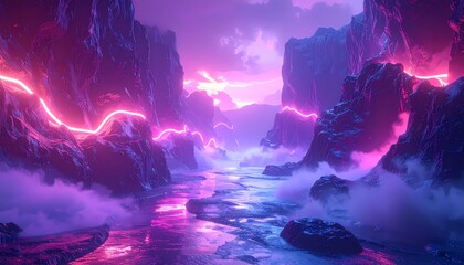 Fototapeta premium Vibrant Neon River Flowing Through a Mystical Canyon at Twilight.