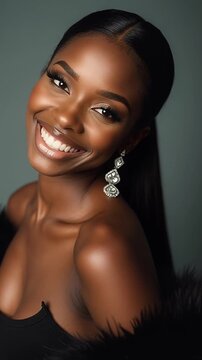 Smiling young woman wearing elegant artificial fur. Soft lighting highlights her face and texture of the fur, creating a warm, stylish, and sophisticated portrait.342