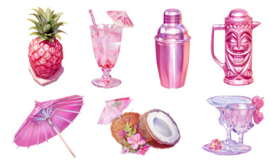 Tropical Pink Drink Collection with Fruits and Accessories on Transparent Background