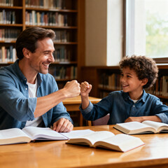 A father and son study together in a library, smiling and bumping fists amicably under the warm sunlight.
