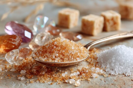 Close-up of Brown Sugar Granules and White Sugar on a Silver Spoon Surrounded by Decorative Gems and Sugar Cubes for Culinary and Decorative Uses