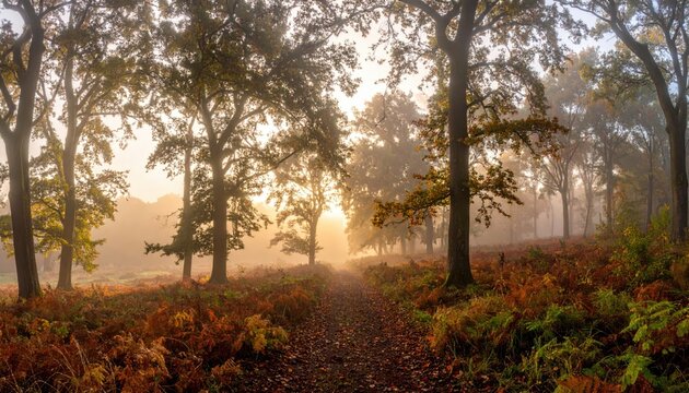 Golden sunbeams pierce autumnal forest path