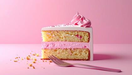 Slice of delicious pink layer cake with frosting and sprinkles on a pink background.