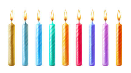 Group of colorful candles on a table in a living room, bright colors