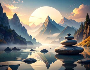 Serene mountain landscape with stacked stones and a large sun