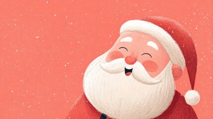 Joyful santa claus illustration with rosy cheeks and white beard laughing with closed eyes on a pink background with falling snow