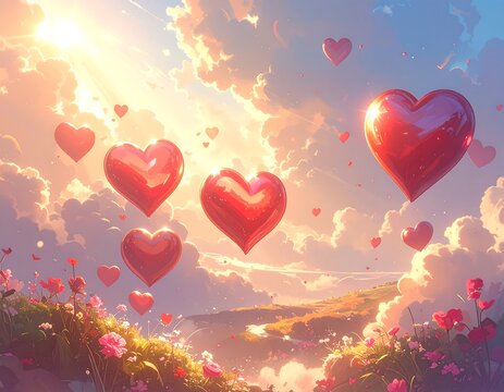 Romantic scene with heart balloons floating in a dreamy sky over flowers