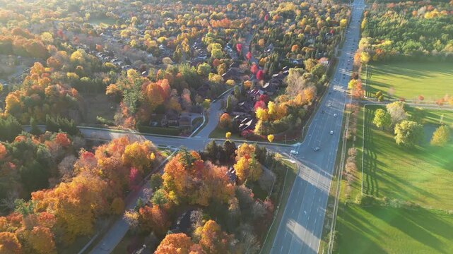 Aerial view of a street in the autumn countryside - Vue a&eacute;rienne d'une rue dans la campagne automnale