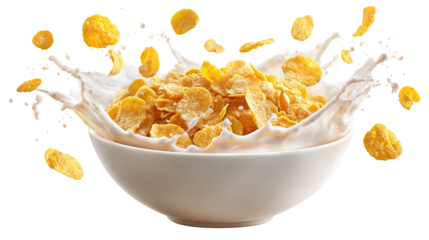 top view of crispy corn flakes in bowl with spoon and milk isolated on white.