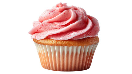 A cup cake cut in half, revealing the delicious strawberry filling inside