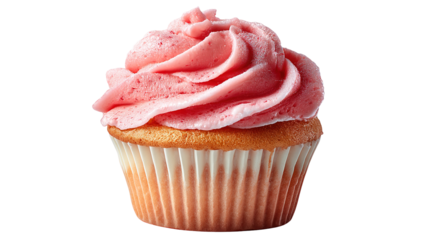A cup cake cut in half, revealing the delicious strawberry filling inside