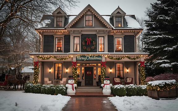 Festive victorian home adorned with christmas lights and snow