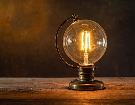 Warm globe lamp on rustic wood - Powered by Adobe