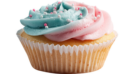 A cup cake cut in half, revealing the delicious strawberry filling inside