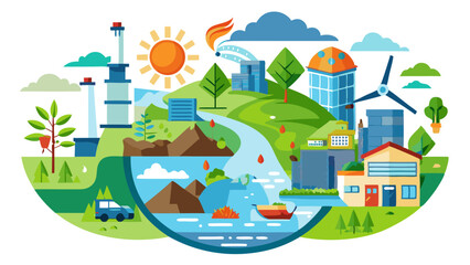 Vibrant flat design cityscape showcasing a harmonious blend of nature and industry, featuring a river, mountains, wind turbine, and ecofriendly transportation