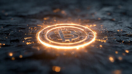 Glowing bitcoin symbol on a dark, textured background with sparks
