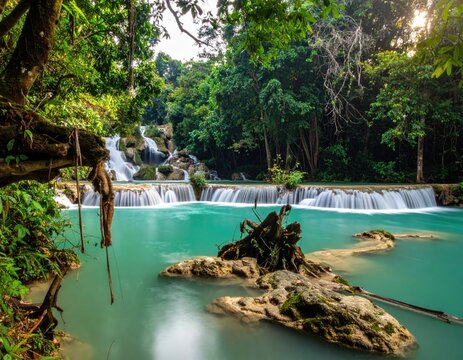 Lush turquoise waterfall cascading into a tranquil pool, surrounded by dense jungle foliage - Powered by Adobe