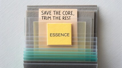 Inspirational quote on stacked transparent sheets with a sticky note emphasizing simplicity and focus in design process