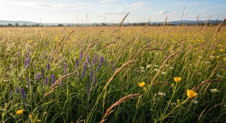 Meadow's Embrace: Wildflowers, Grasses, and Distant Hills in Golden Light