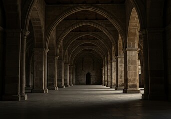 Fototapeta premium A vast, ancient hall stands in profound silence, its colossal stone arches reaching upward. Shadows deepen the reverent atmosphere of this hallowed space ,vast ,ancient ,arch
