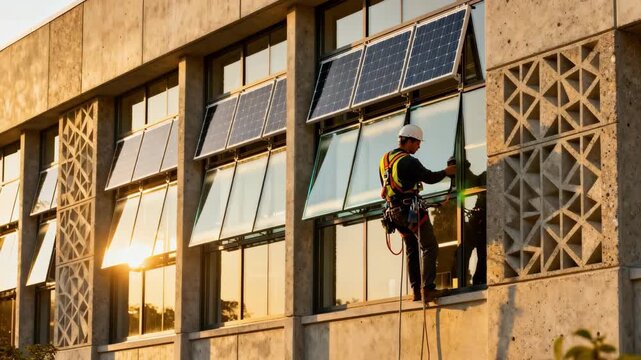Construction worker aligning transparent solar windows on an institutional building facade optimizing daylight use for environmentally conscious architecture.