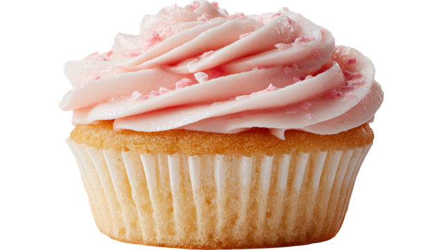 Birthday cupcake with candle on light grey table against blurred lights.  - Powered by Adobe