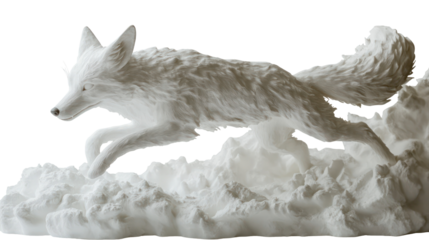 Snow sculpture of a jumping fox ultra realistic high resolution on transparent background