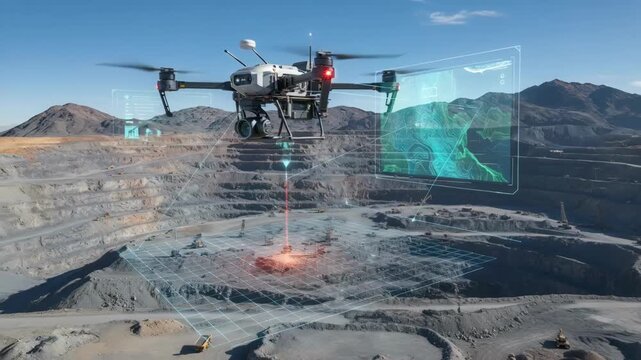 Medium shot showing drone inspecting highaltitude mining area highlighting realtime data collection and terrain mapping technology.