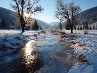 Frozen River in Winter Morning 光と雪の冬の川景色