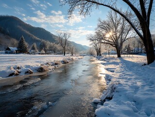 Frozen River in Winter Morning 光と雪の冬の川景色