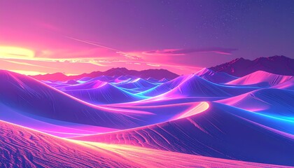 Vibrant Neon Desert Landscape with Glowing Dunes at Sunset.