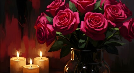Fototapeta premium a bouquet of crimson roses sits in a vase beside flickering candles, petals painted with bold textured strokes.