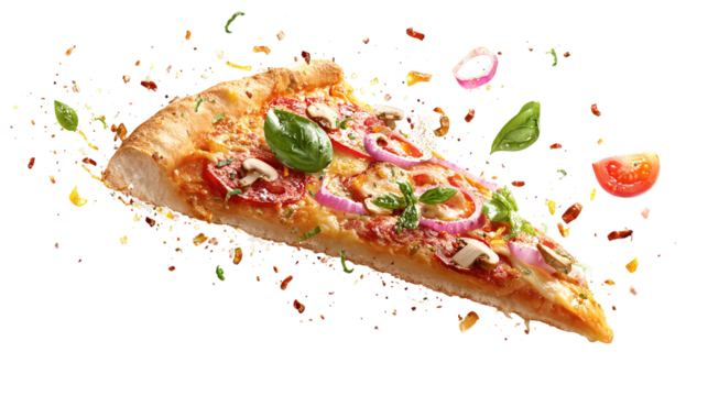 Template with delicious tasty slice of pepperoni pizza flying on white background. 