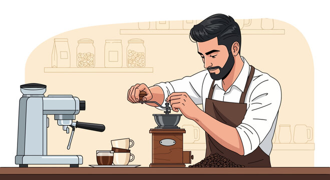 Male barista grinding coffee beans with manual grinder near espresso machine, concept for cafe promotion, coffee shop advertising and beverage blog post
