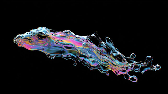 Iridescent soap bubble splash with rainbow colors on black background