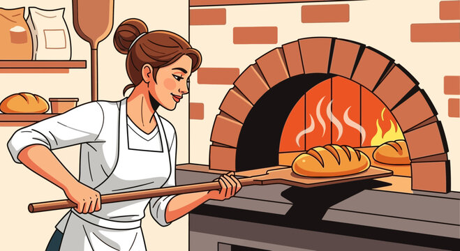 Female baker pulling out fresh bread from a brick oven with a peel, concept for bakery advertising, culinary illustration and artisan food branding