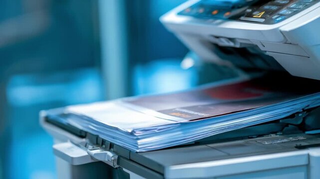 Closeup of hands clearing a paper jam in an office copier showcasing detailed removal of stuck sheets for smooth operation.