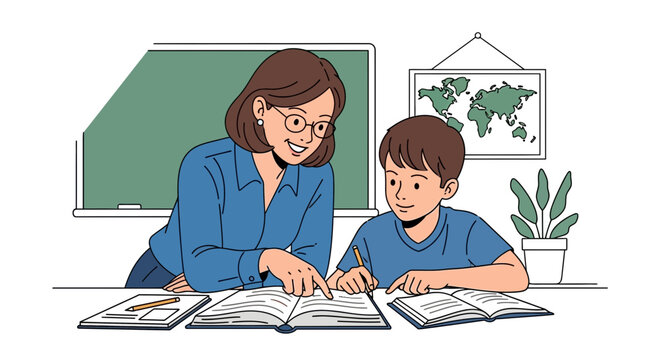 A tutor guides a schoolboy through lessons at the desk near blackboard, concept for private tutoring, homeschooling support and educational assistance