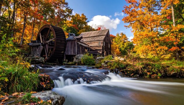 Autumnal watermill by a cascading stream