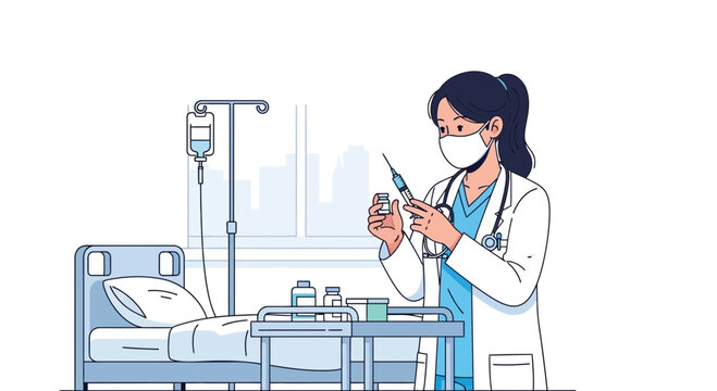 Female doctor in lab coat prepares injection near a hospital bed, concept for vaccination campaign, healthcare awareness and medical illustration