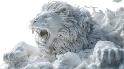 Snow sculpture of a roaring lion ultra realistic high resolution on transparent background