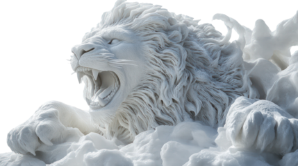 Snow sculpture of a roaring lion ultra realistic high resolution on transparent background