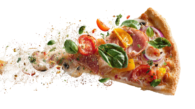 Template with delicious tasty slice of pepperoni pizza flying on white background. 