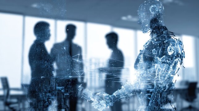 A futuristic scene depicting a robotic figure shaking hands with a human in an office setting, symbolizing collaboration between technology and business.