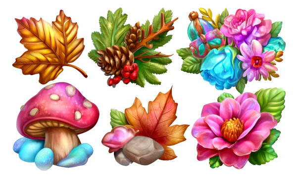 Fototapeta Vibrant Floral and Foliage Illustrations with Detailed Natural Elements