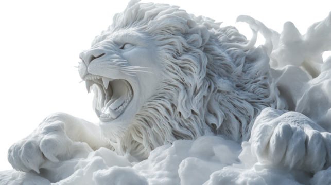 Snow sculpture of a roaring lion ultra realistic high resolution on transparent background