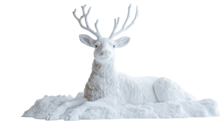 Snow sculpture of a sitting reindeer ultra realistic high resolution on transparent background